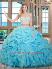 Custom Designed Sleeveless Beading and Ruffles and Pick Ups Zipper Ball Gown Prom Dress