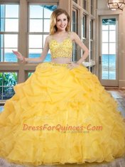 Custom Designed Sleeveless Beading and Ruffles and Pick Ups Zipper Ball Gown Prom Dress