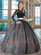 Scoop Black Tulle Backless Vestidos de Quinceanera Long Sleeves Floor Length Appliques