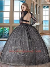 Scoop Black Tulle Backless Vestidos de Quinceanera Long Sleeves Floor Length Appliques