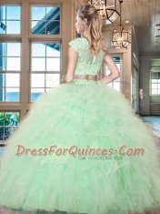 High End Scoop Tulle Cap Sleeves Floor Length Ball Gown Prom Dress and Beading and Ruffles