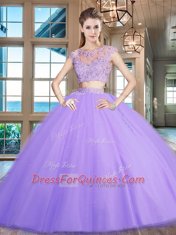 Colorful Lavender Two Pieces Tulle Scoop Cap Sleeves Beading and Appliques Floor Length Zipper Quinceanera Dress