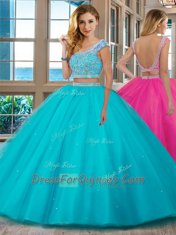 Customized Aqua Blue Ball Gown Prom Dress Military Ball and Sweet 16 and Quinceanera and For with Beading and Ruffles Scoop Cap Sleeves Backless