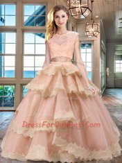 Fine Peach Two Pieces Scoop Cap Sleeves Tulle Floor Length Zipper Beading and Lace and Appliques and Ruffled Layers Quinceanera Gown