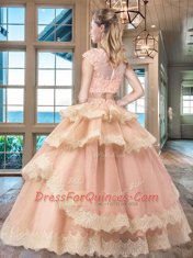 Fine Peach Two Pieces Scoop Cap Sleeves Tulle Floor Length Zipper Beading and Lace and Appliques and Ruffled Layers Quinceanera Gown