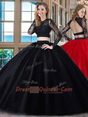 New Arrival Scoop Black and Red Long Sleeves Floor Length Appliques Backless Quinceanera Gown