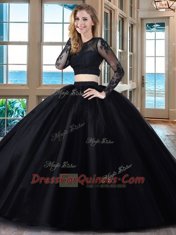 New Arrival Scoop Black and Red Long Sleeves Floor Length Appliques Backless Quinceanera Gown