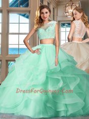 Super Cap Sleeves Floor Length Appliques and Ruffles Zipper Sweet 16 Quinceanera Dress with Apple Green