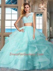 Super Cap Sleeves Floor Length Appliques and Ruffles Zipper Sweet 16 Quinceanera Dress with Apple Green