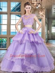 Eye-catching Lavender Zipper Scoop Beading and Lace and Appliques and Ruffled Layers Quinceanera Gown Tulle Cap Sleeves