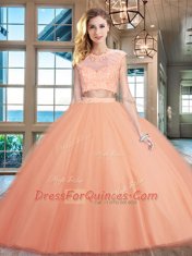 New Style Peach Ball Gown Prom Dress Military Ball and Sweet 16 and Quinceanera and For with Beading and Appliques Scoop Cap Sleeves Zipper