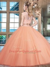 New Style Peach Ball Gown Prom Dress Military Ball and Sweet 16 and Quinceanera and For with Beading and Appliques Scoop Cap Sleeves Zipper