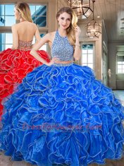 Halter Top Sleeveless Floor Length Beading and Ruffled Layers Backless 15 Quinceanera Dress with Royal Blue
