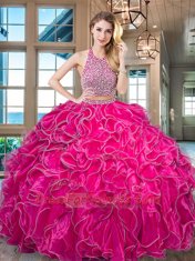 Halter Top Sleeveless Floor Length Beading and Ruffled Layers Backless 15 Quinceanera Dress with Royal Blue