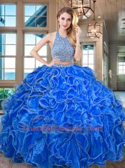 Halter Top Sleeveless Floor Length Beading and Ruffled Layers Backless 15 Quinceanera Dress with Royal Blue