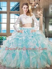 Pretty Aqua Blue Scoop Zipper Beading and Lace and Ruffles Quince Ball Gowns Long Sleeves