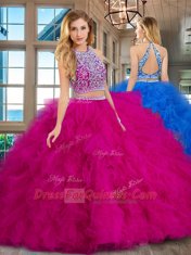 Backless Scoop Sleeveless Quinceanera Gown Floor Length Beading and Ruffles Fuchsia Tulle
