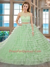 Scoop Apple Green Sleeveless Beading and Ruffled Layers Floor Length Sweet 16 Quinceanera Dress