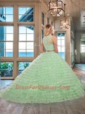 Scoop Apple Green Sleeveless Beading and Ruffled Layers Floor Length Sweet 16 Quinceanera Dress