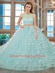 Scoop Apple Green Sleeveless Beading and Ruffled Layers Floor Length Sweet 16 Quinceanera Dress