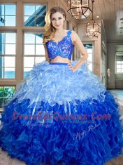 Dramatic Multi-color V-neck Neckline Lace and Ruffles 15 Quinceanera Dress Sleeveless Zipper