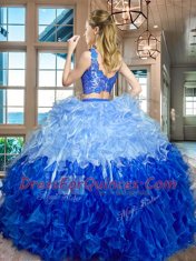 Dramatic Multi-color V-neck Neckline Lace and Ruffles 15 Quinceanera Dress Sleeveless Zipper
