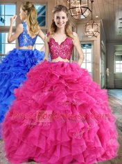 Hot Pink Zipper V-neck Lace and Ruffles 15th Birthday Dress Organza Sleeveless