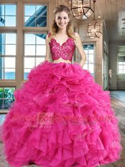Hot Pink Zipper V-neck Lace and Ruffles 15th Birthday Dress Organza Sleeveless