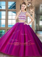 Dazzling Scoop Sleeveless Floor Length Beading Backless Quinceanera Dress with Fuchsia