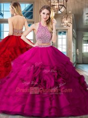 Most Popular With Train Fuchsia Sweet 16 Dresses Halter Top Sleeveless Brush Train Backless