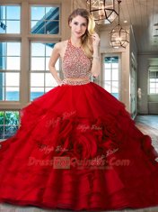 Most Popular With Train Fuchsia Sweet 16 Dresses Halter Top Sleeveless Brush Train Backless