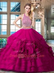 Most Popular With Train Fuchsia Sweet 16 Dresses Halter Top Sleeveless Brush Train Backless