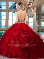 Most Popular With Train Fuchsia Sweet 16 Dresses Halter Top Sleeveless Brush Train Backless