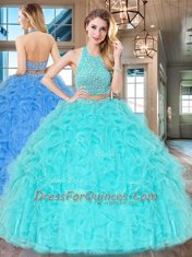 Pretty Floor Length Aqua Blue Quinceanera Gowns Halter Top Sleeveless Backless