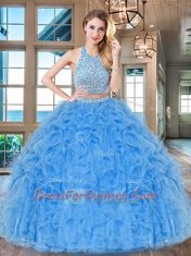 Pretty Floor Length Aqua Blue Quinceanera Gowns Halter Top Sleeveless Backless