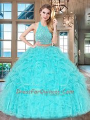 Pretty Floor Length Aqua Blue Quinceanera Gowns Halter Top Sleeveless Backless