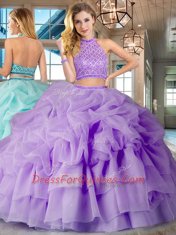 Sweet Halter Top Sleeveless Organza Sweet 16 Dress Beading and Ruffled Layers and Pick Ups Brush Train Backless