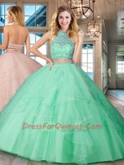 Hot Selling Apple Green Tulle Backless Halter Top Sleeveless Floor Length Quinceanera Dresses Beading and Ruffles