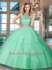 Hot Selling Apple Green Tulle Backless Halter Top Sleeveless Floor Length Quinceanera Dresses Beading and Ruffles