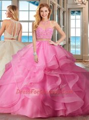 Baby Pink Two Pieces Beading and Ruffles 15th Birthday Dress Lace Up Organza Sleeveless With Train