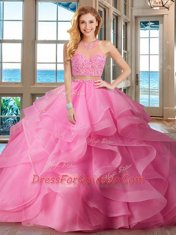 Baby Pink Two Pieces Beading and Ruffles 15th Birthday Dress Lace Up Organza Sleeveless With Train