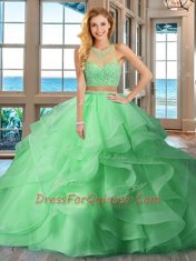 Baby Pink Two Pieces Beading and Ruffles 15th Birthday Dress Lace Up Organza Sleeveless With Train