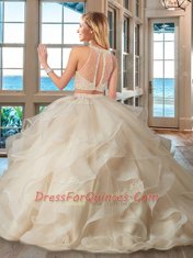 Baby Pink Two Pieces Beading and Ruffles 15th Birthday Dress Lace Up Organza Sleeveless With Train