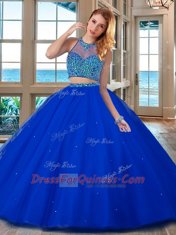Adorable Royal Blue High-neck Neckline Beading Sweet 16 Quinceanera Dress Sleeveless Lace Up
