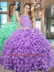 Glittering Lavender Two Pieces Lace and Ruffles Sweet 16 Dresses Lace Up Organza Sleeveless Floor Length