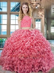 Glittering Lavender Two Pieces Lace and Ruffles Sweet 16 Dresses Lace Up Organza Sleeveless Floor Length