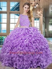 Glittering Lavender Two Pieces Lace and Ruffles Sweet 16 Dresses Lace Up Organza Sleeveless Floor Length