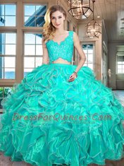 Exceptional Sleeveless Organza Floor Length Zipper 15th Birthday Dress in Turquoise with Lace and Ruffles