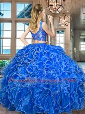 Exceptional Sleeveless Organza Floor Length Zipper 15th Birthday Dress in Turquoise with Lace and Ruffles