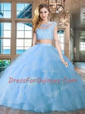 Brush Train Two Pieces Quinceanera Gown Light Blue Scoop Organza Cap Sleeves With Train Zipper